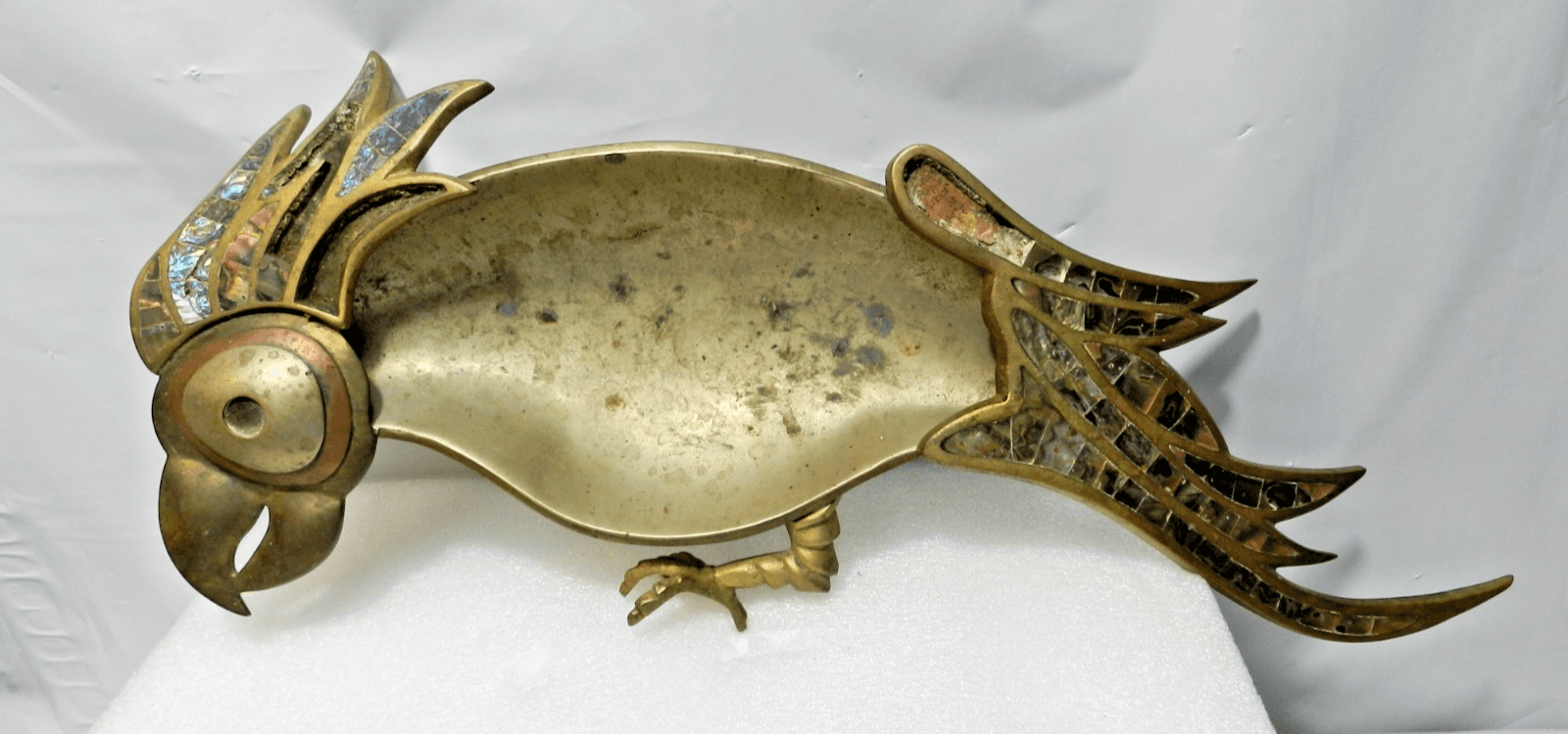 Vintage Mexican Hand-Wrought Brass Parrot Tray Dish Abalone Shell Inlay L82S