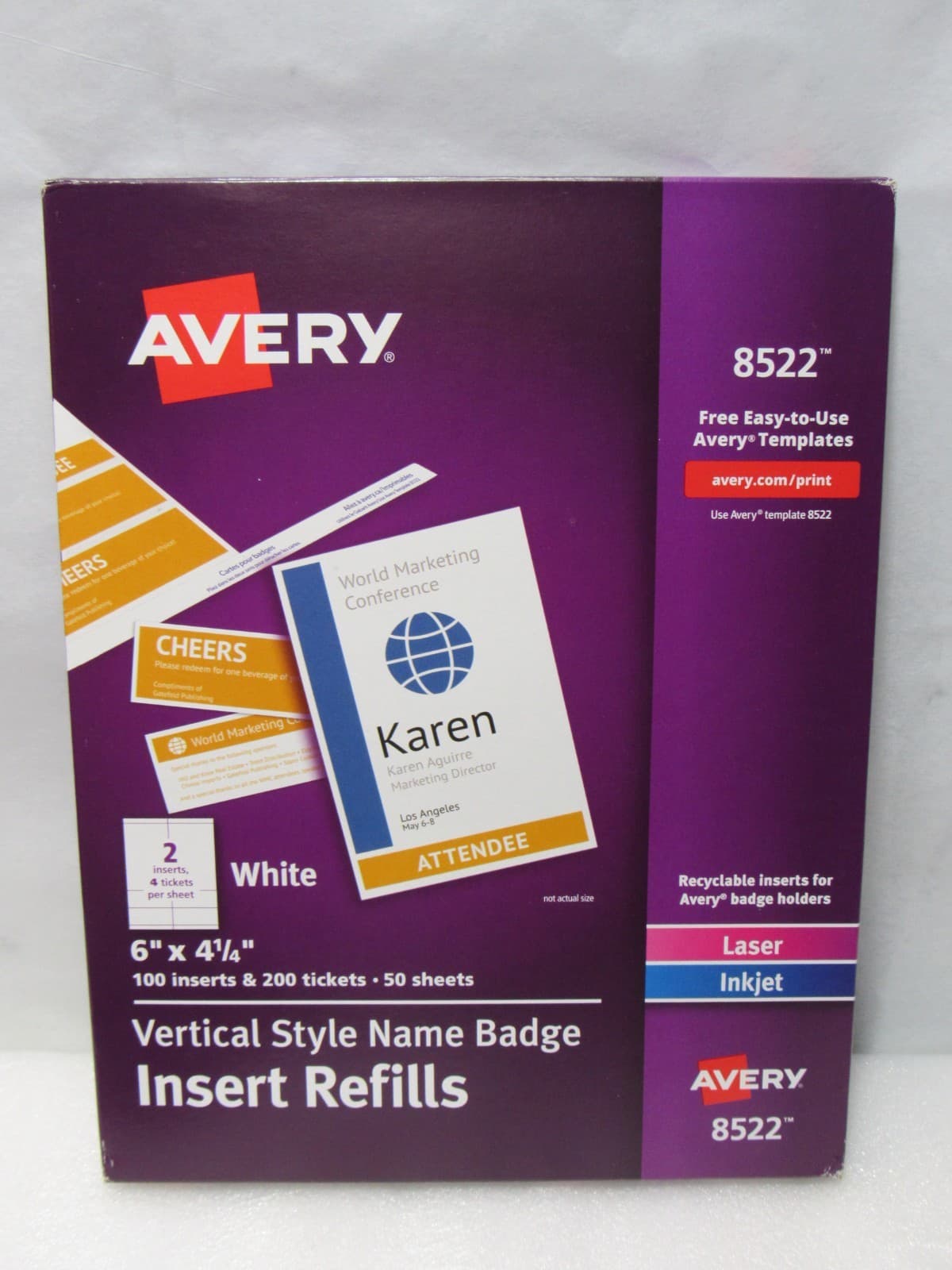 AVERY 8522 Vertical Style Name Badge Insert Refills 6 x 4 1/4" White 100 E3K