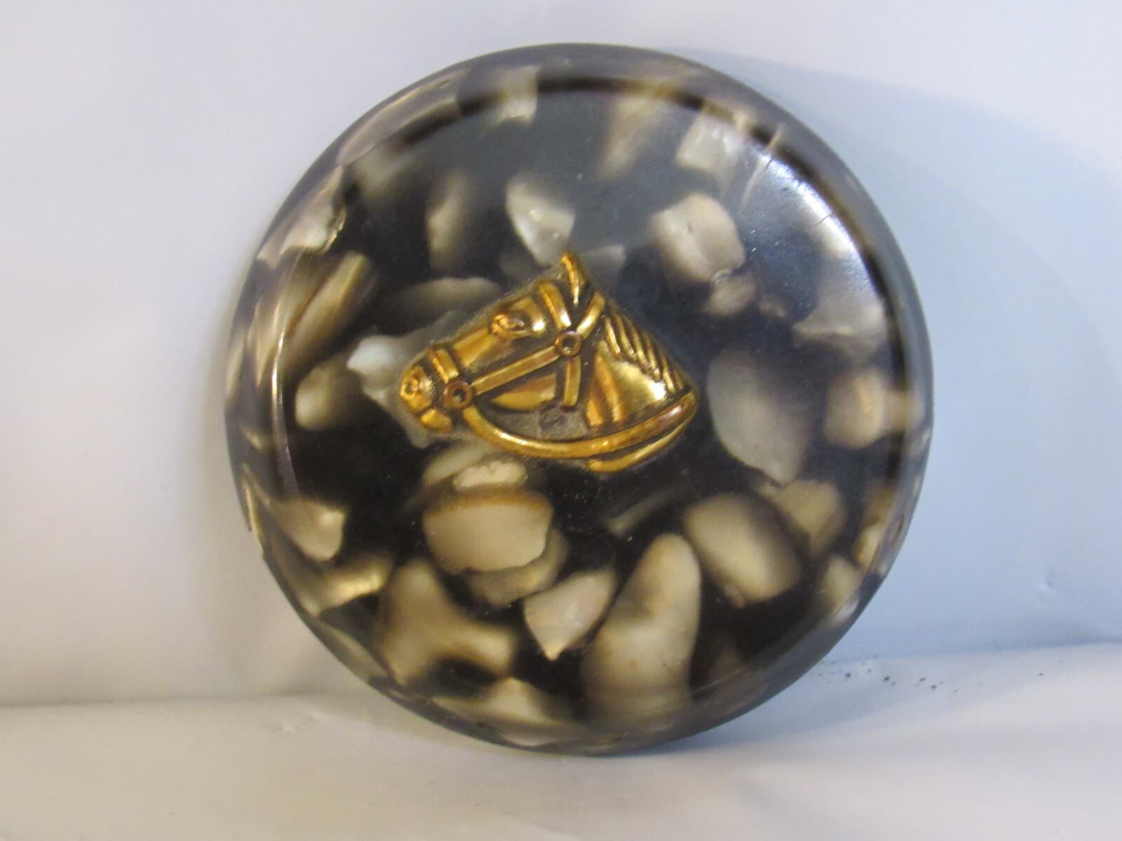 Vintage Lucite Resin Paperweight with Embedded Shells Brass Horse Head 3" X91S