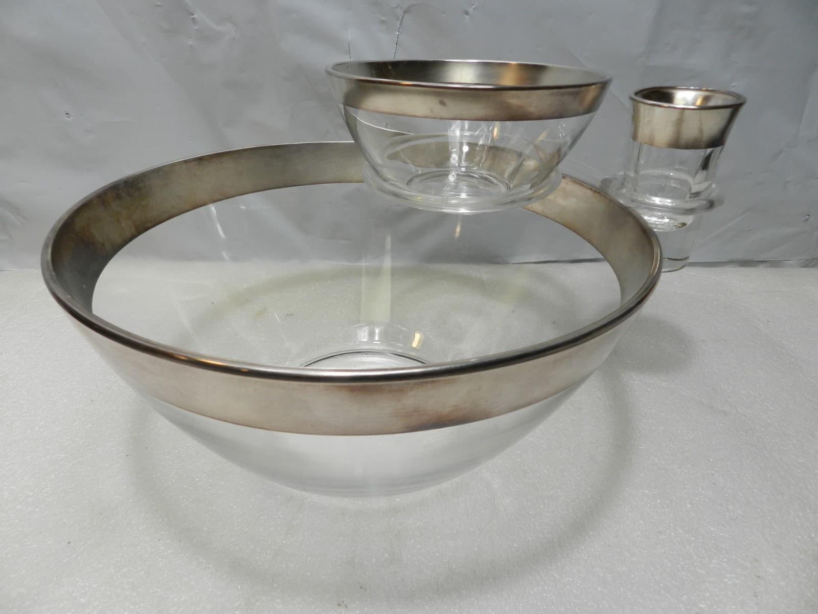 Original Mid Century Dorothy Thorpe Chip & Dip Bowl Complete Set Sterling Rim C5