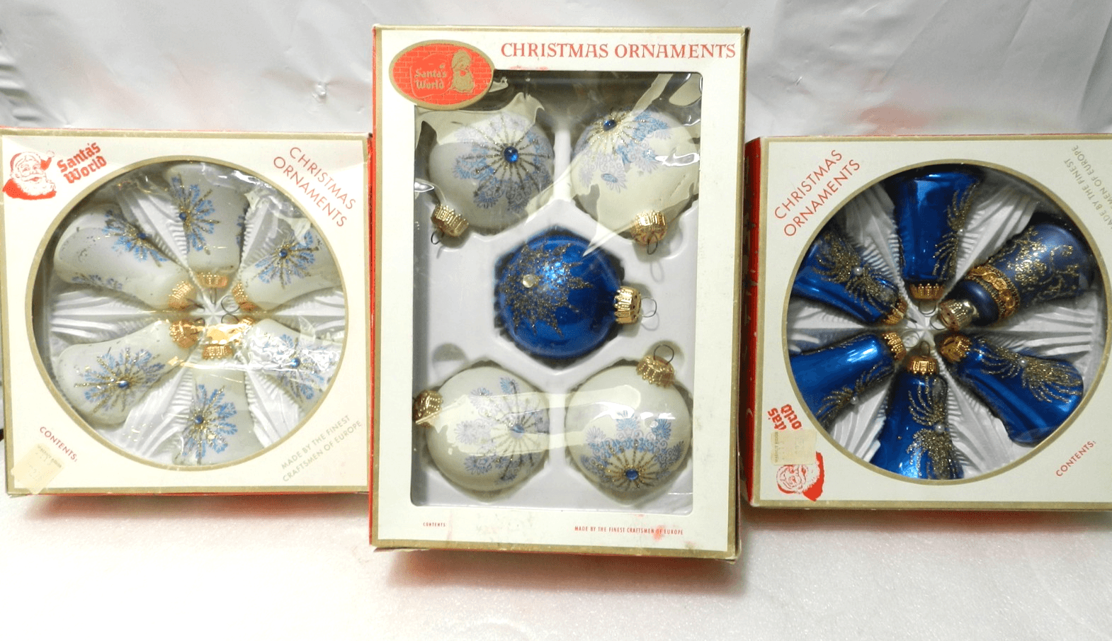17 Vintage Germany Blue/Gold/Silver Sparkle Glass Bells & Globes Ornaments (C6J