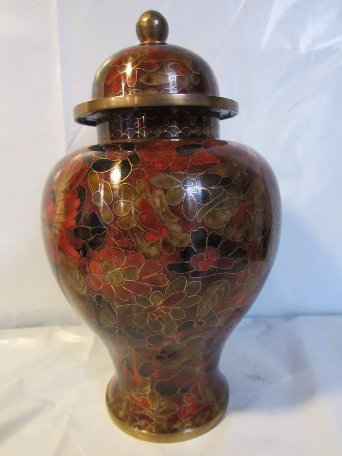 Chinese Cloisonne Urn Vase w Lid Enamel and Brass Asian Brown Floral 10" Y4S