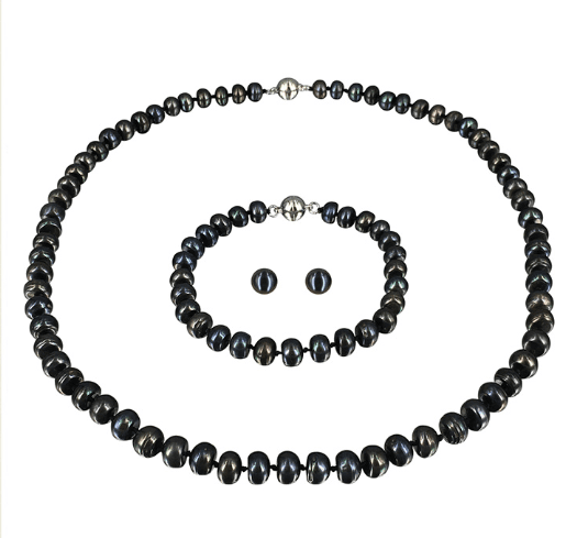 Pacific Pearl PALLISER LAGOON Midnight 7-8mm Pearl Necklace Bracelet & Earring K