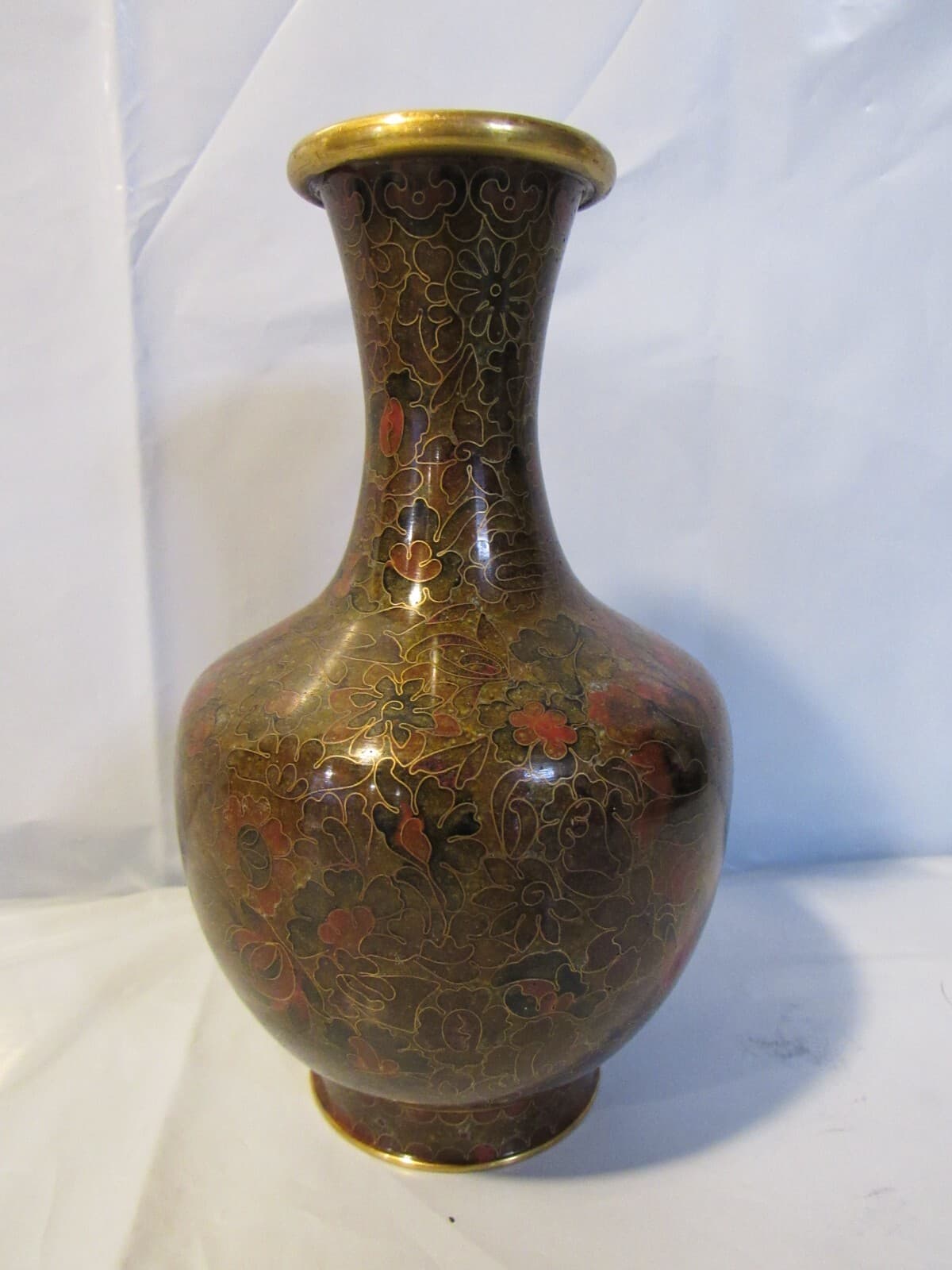 Vintage Cloisonne Vase Floral Pattern 7 Inches Tall Brown Gold Y2S