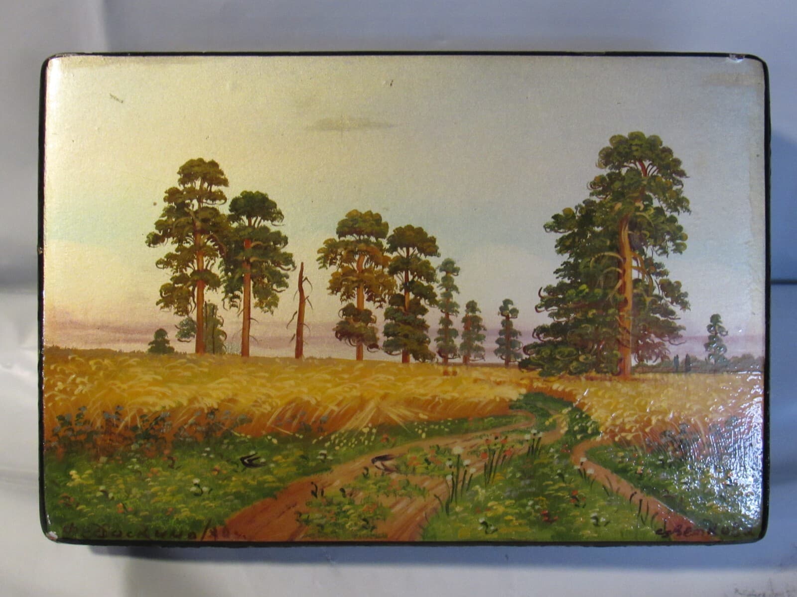 Vintage Fedoskino Russian Lacquer Jewelry Trinket Box Landscape Harvest Y7S