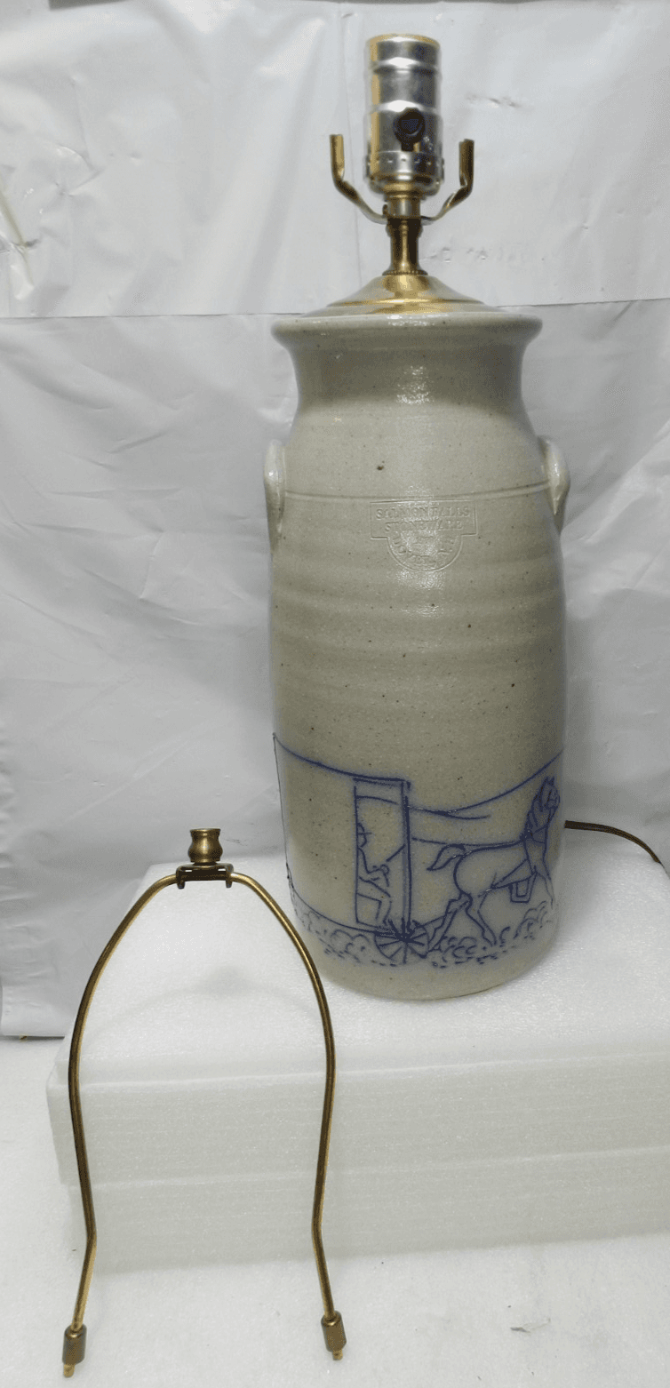 SALMON FALLS Dover, NH Salt Glazed Pottery Crock Lamp Amish Buggy Design I48S