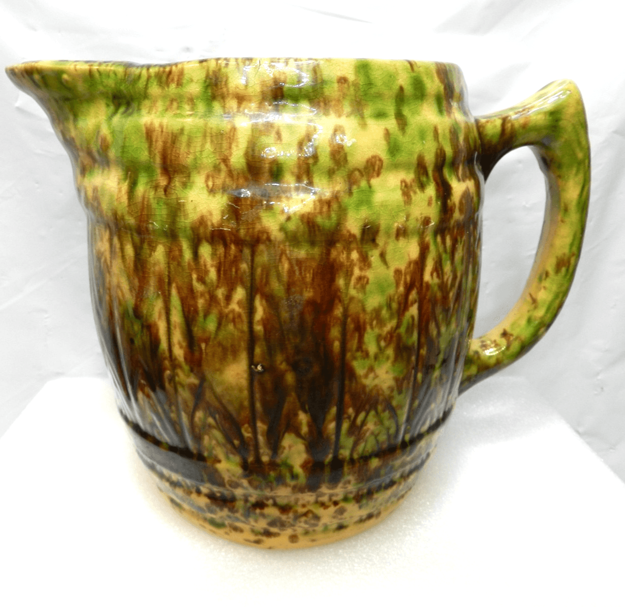 Vintage MORTON Spongeware BARREL PITCHER Spatterware Stoneware 7.5" Tall (H3S)