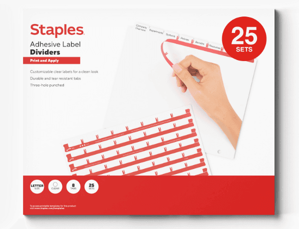 Staples Print & Apply Label Dividers, Clear , 8-Tabs, 25 Sets (ST63054) (M7K)