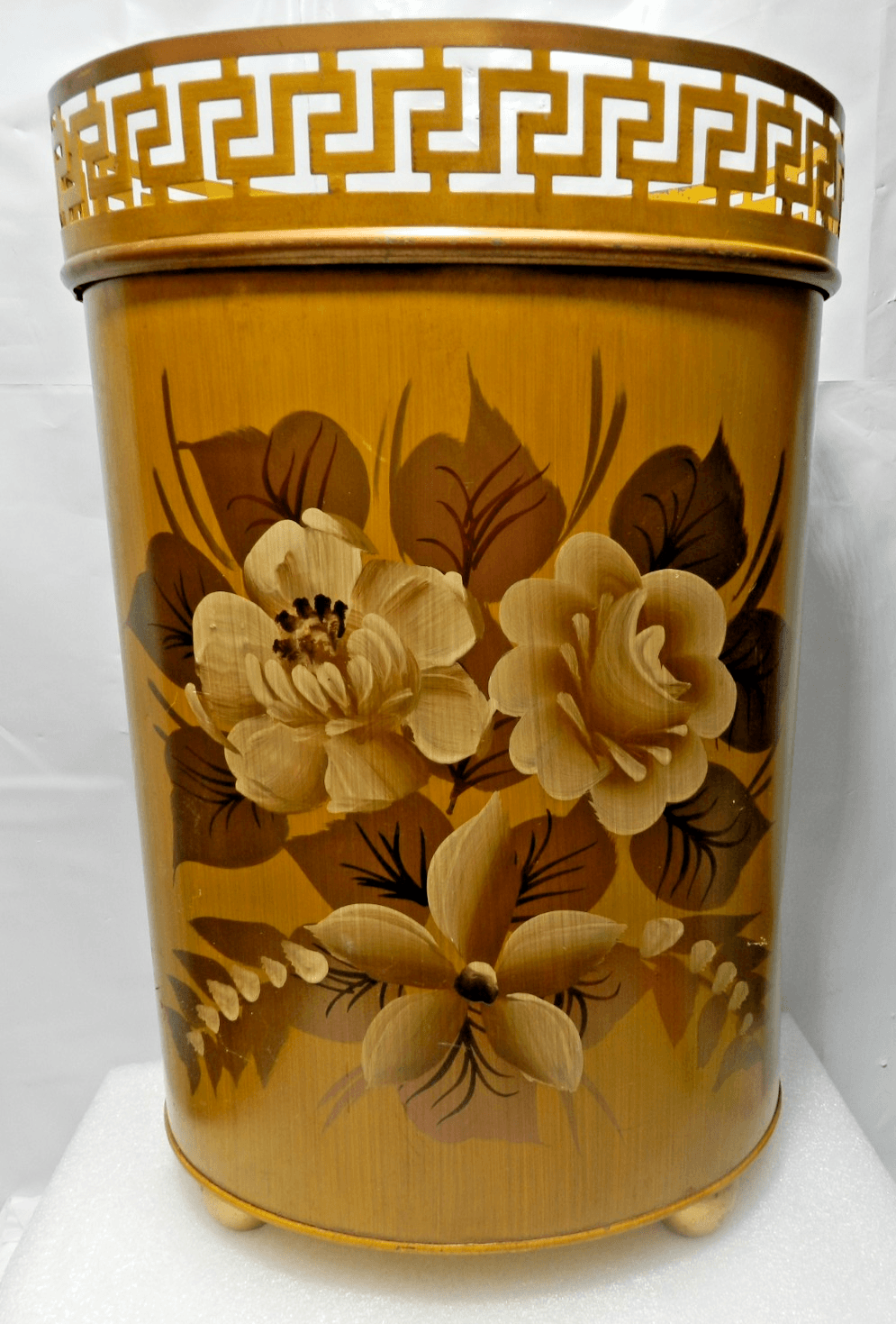 Vintage Plymouth Tole Hand Painted Metal Waste Basket MCM Floral Gold M14J