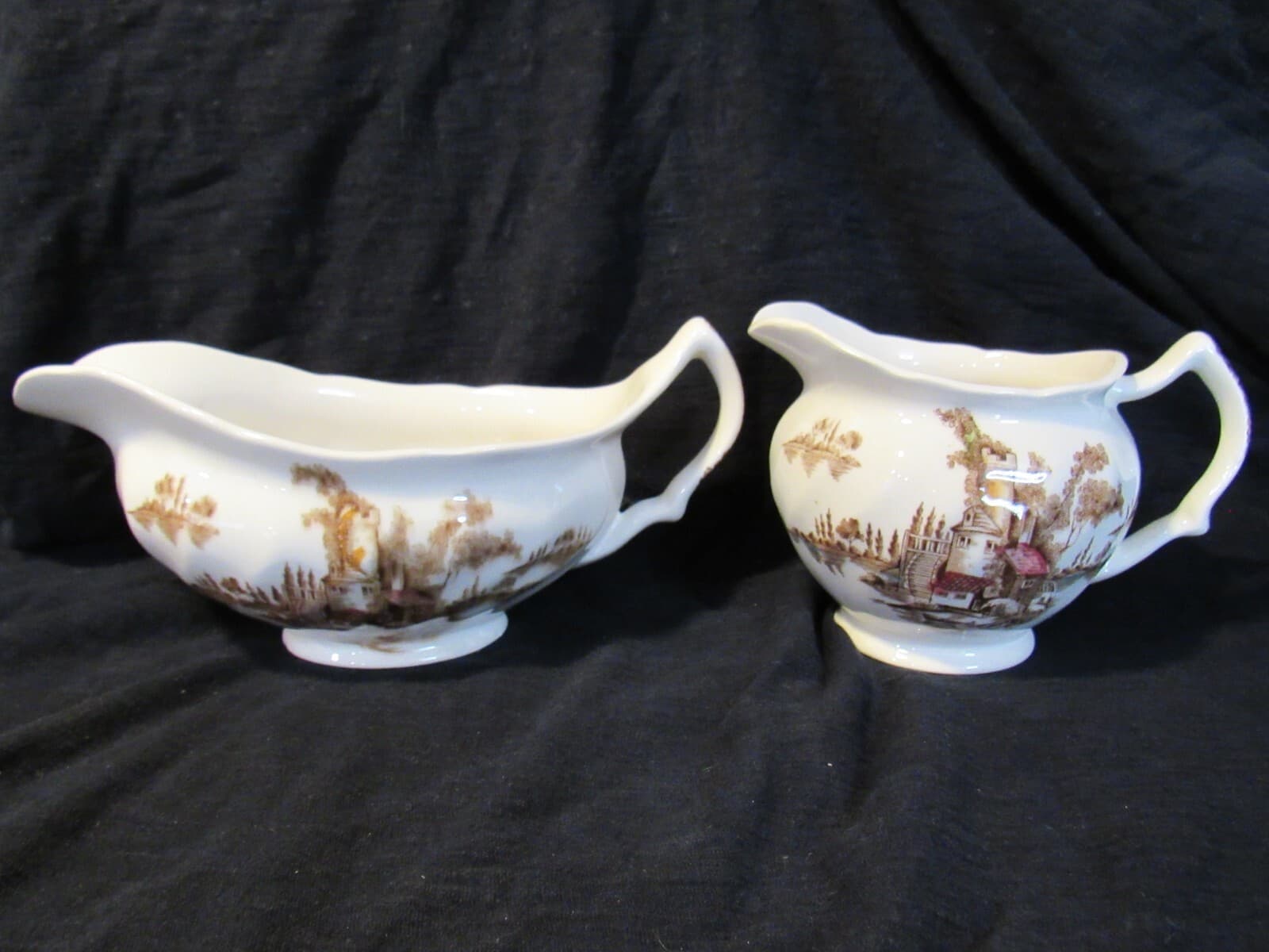 Johnson Bros “The Old Mill” Gravy Bowl and Creamer England Vintage China V50J