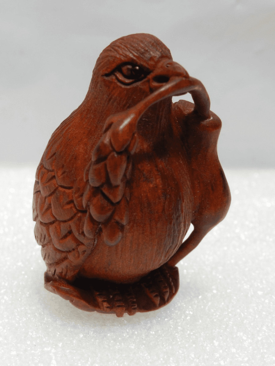 Netsuke Japanese Boxwood Hand Carved Bird w/ ear of Wheat Prosperity Signed I59S