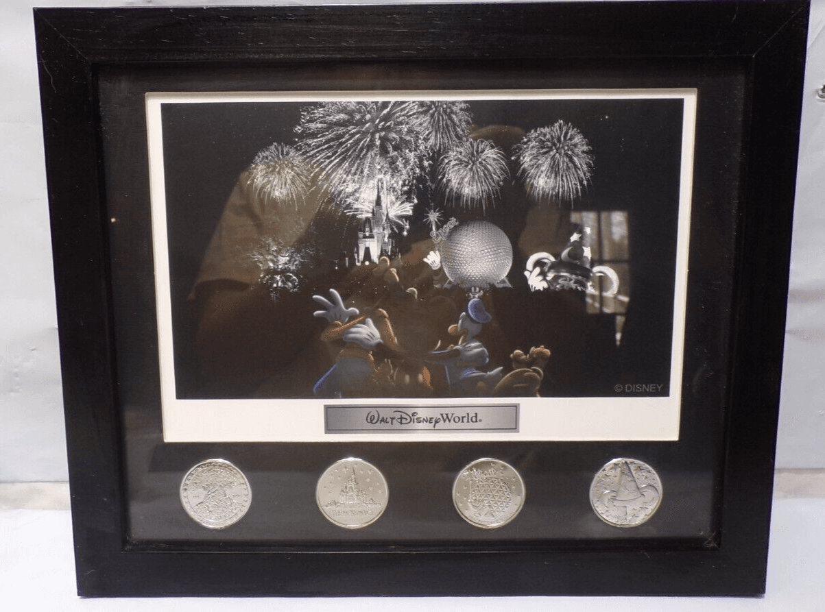 Walt Disney World Print With Coins Four Parks One World Art Picture Framed (N46M
