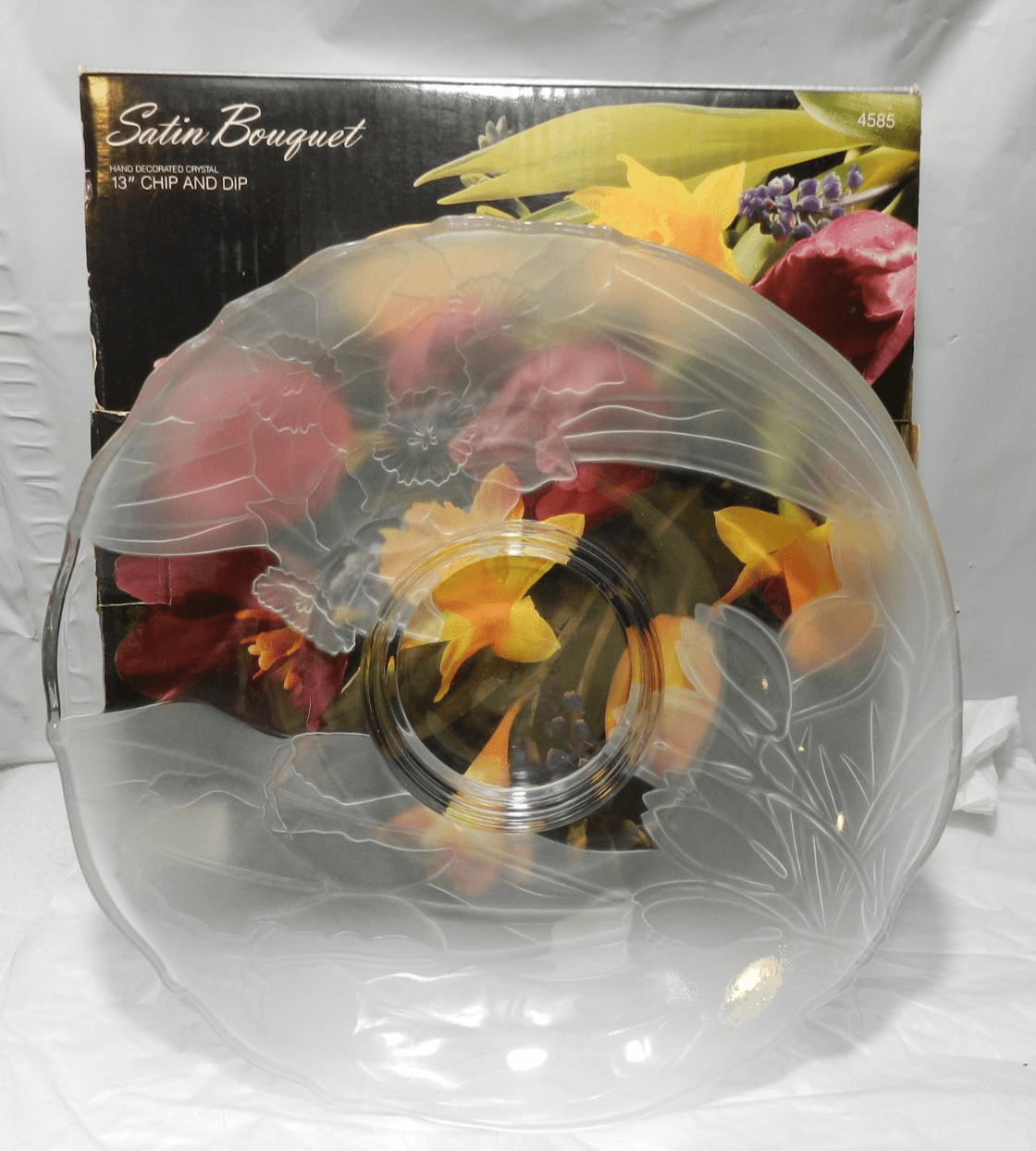 Satin Bouquet Hand Decorated Floral Crystal Chip & Dip Dish Plate 13" M21J