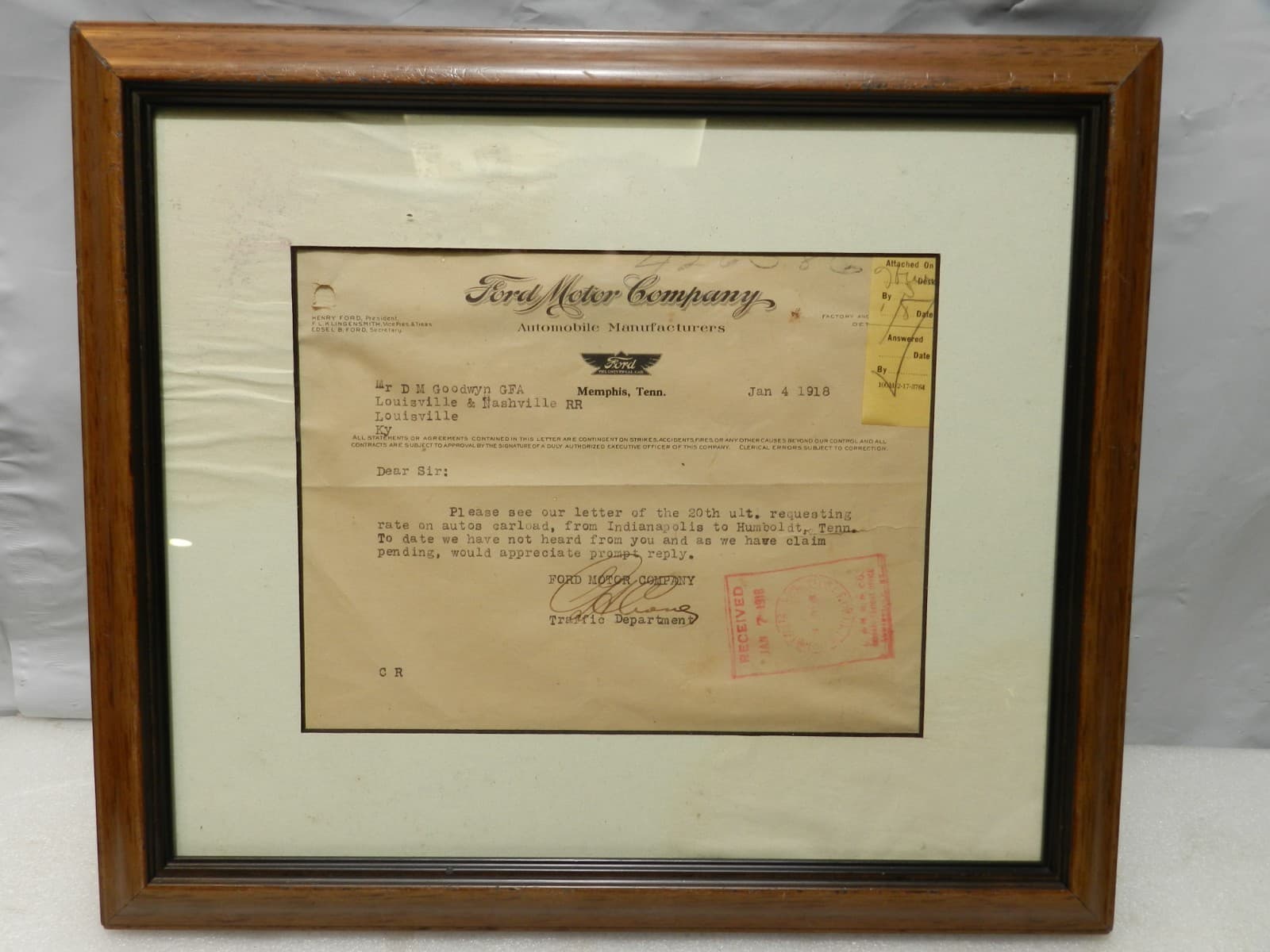 1918 Ford Motor Co Letter Memphis Tenn. Traffic Dept Jan. 4, 1918 (I74S)
