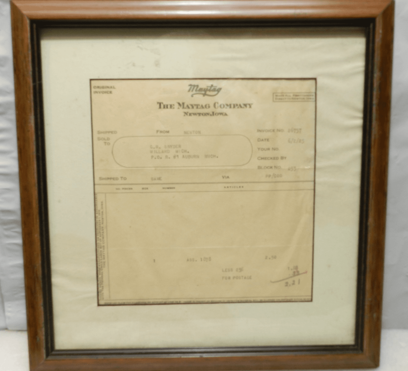 Vintage 1925 The Maytag Co. Invoice Netwon, Iowa Sales Invoice 6/2/1925 (I71S)