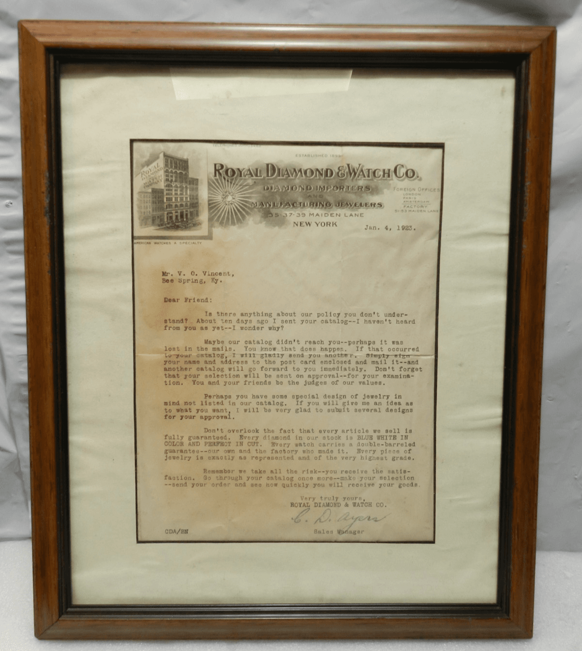 1923 Royal & Diamond Watch Co New York NY Customer Letter Salesman Framed (I72S