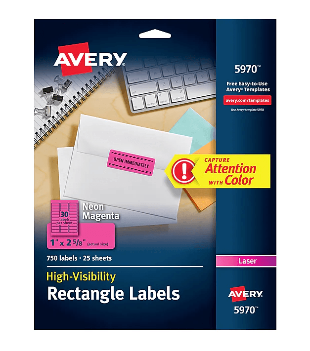 Avery High-Visibility Permanent ID Labels Laser 1 x 2 5/8 Neon Magenta 750Pk C48