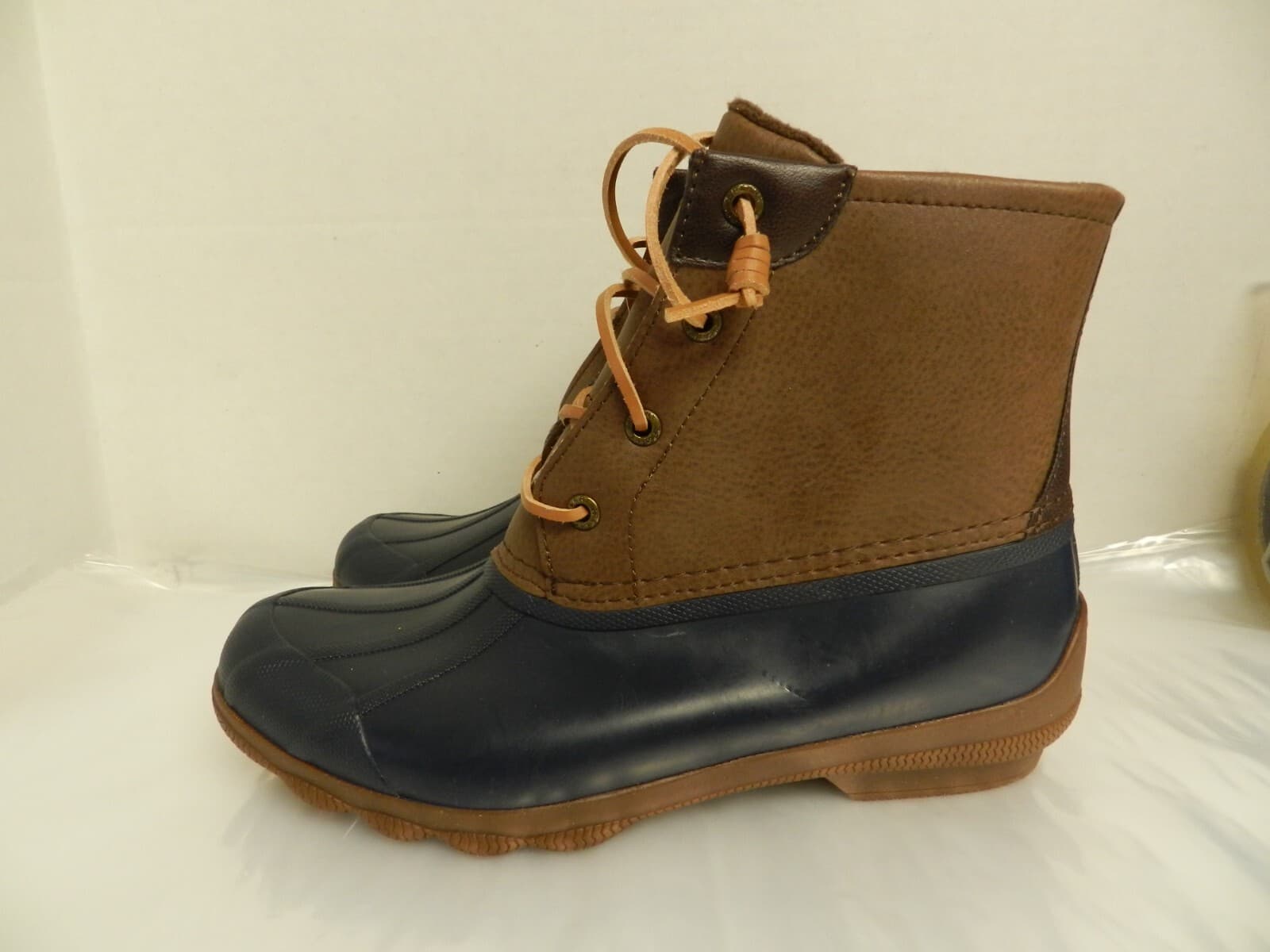 Sperry Saltwater Duck Boots Womens 7.5 Brown Navy Blue Waterproof Side Zip E41