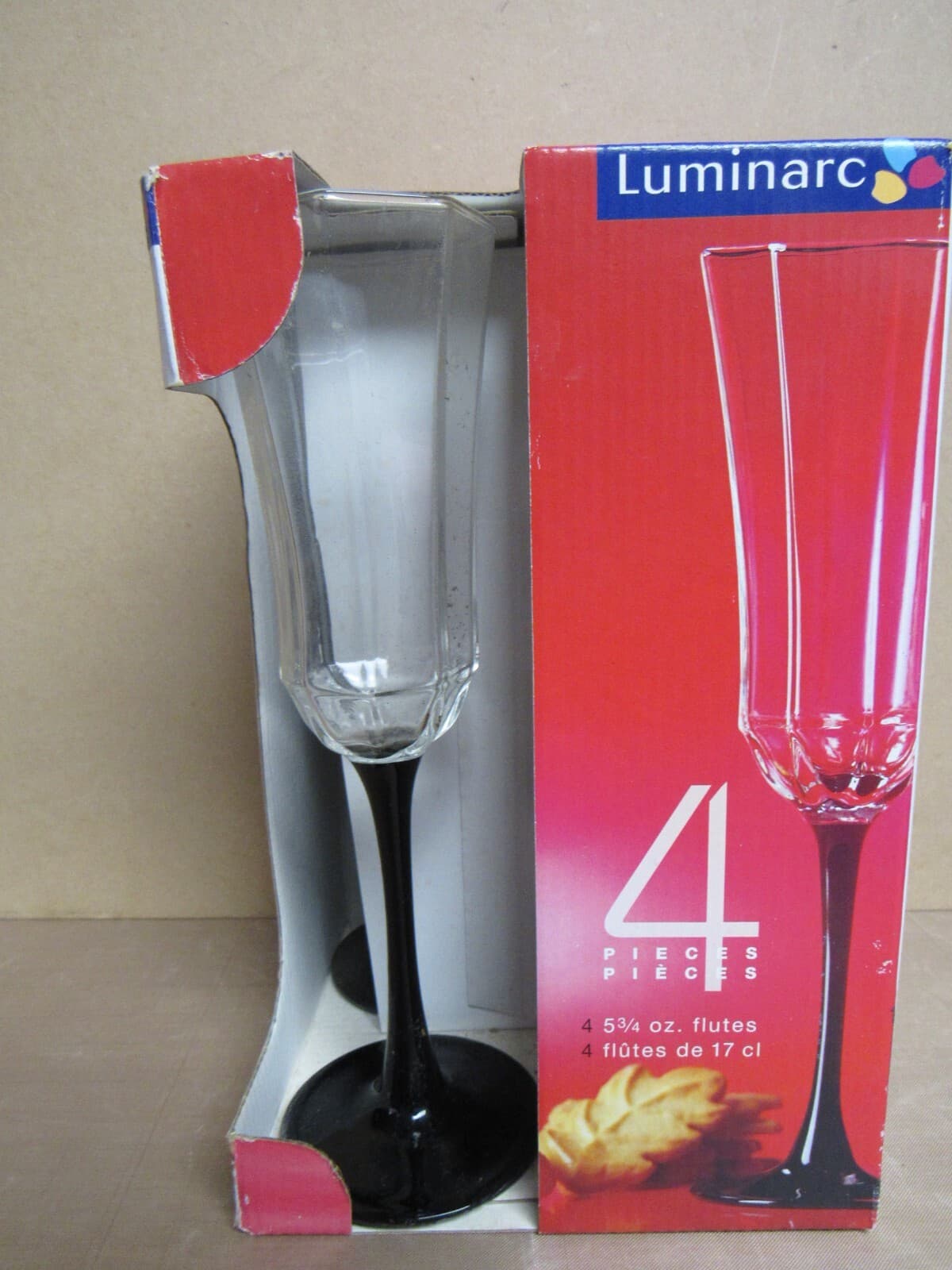4 Vintage LUMINARC NOVOCTIME Crystal Black Stem CHAMPAGNE Flutes Wine Glass (j)