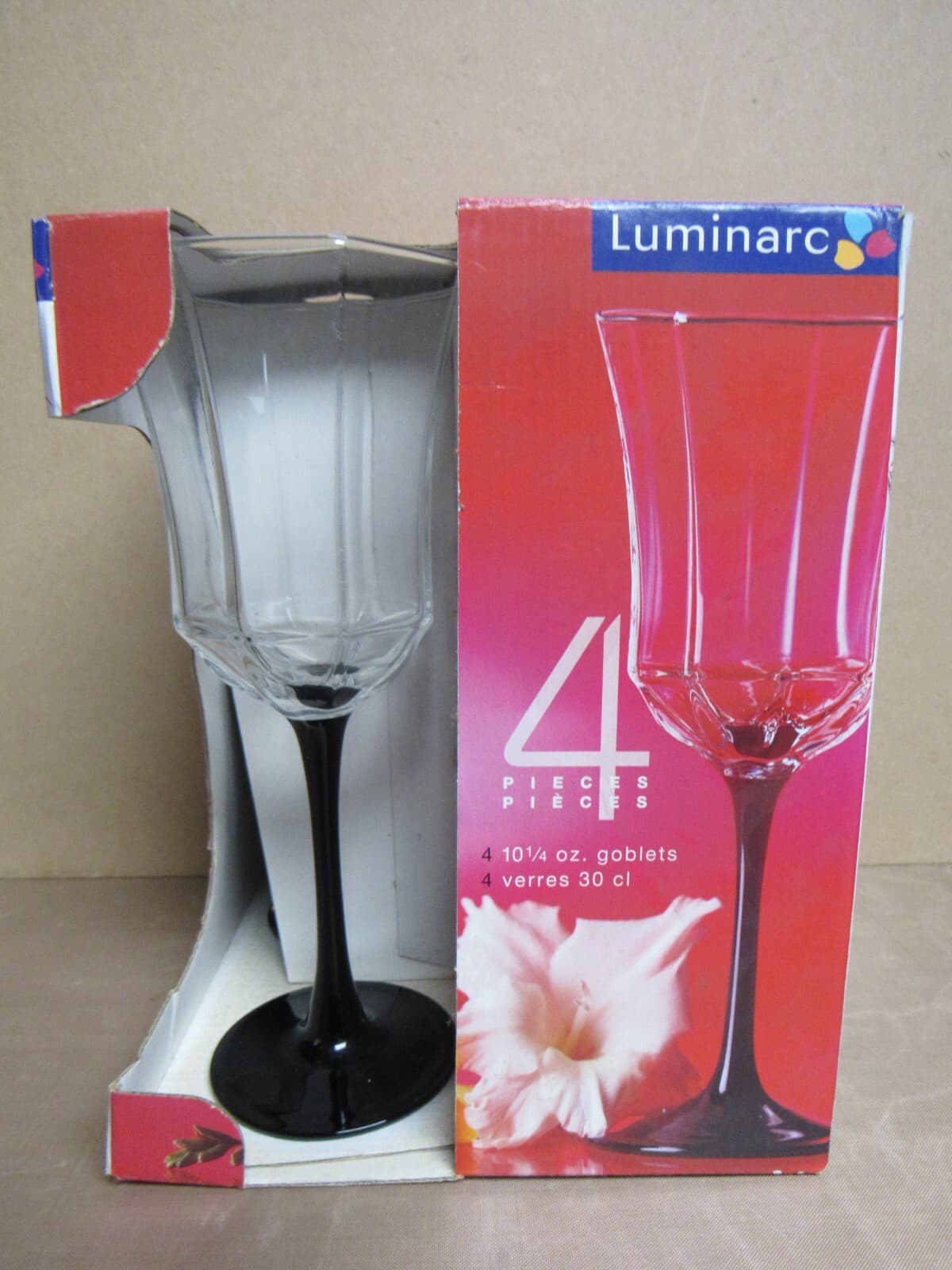4 LUMINARC NOVOCTIME Crystal Black Stem CHAMPAGNE Flutes Wine Glass (j)