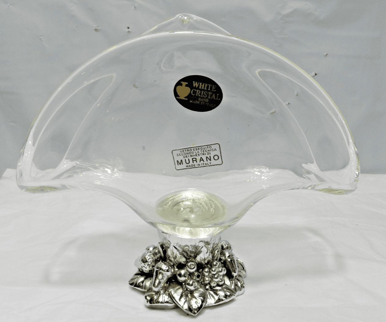Vintage Murano Glass White Cristal Napkin Holder 6.5" Fruit Base Italy (M31J)