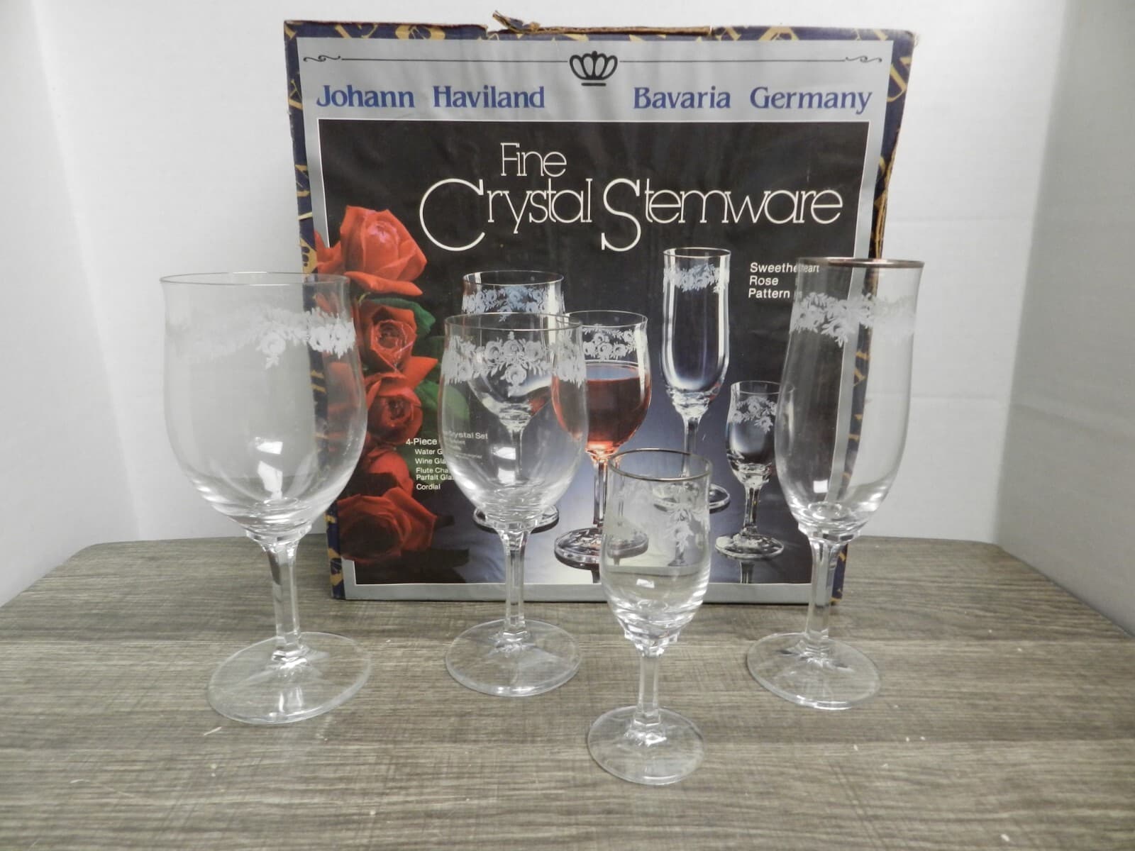 Johann Haviland Fine Crystal Stemware 4 Pc Sets Sweetheart Rose Pattern C61J
