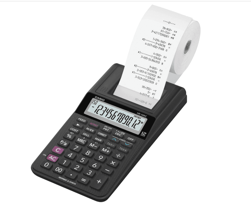 Casio HR-10RC Portable Printing Calculator 12 Digit Black AC Adapter Paper (M46K