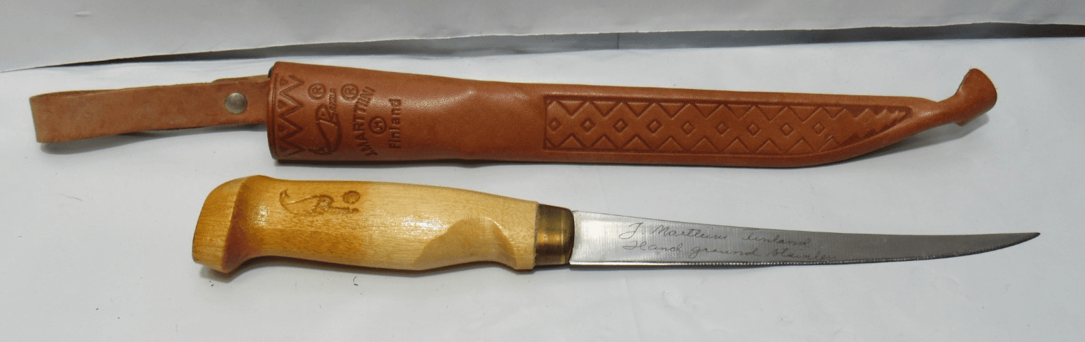 Vintage J Marttiini Made In Finland 6" Blade Filet Knife Leather Sheath (T66JJ