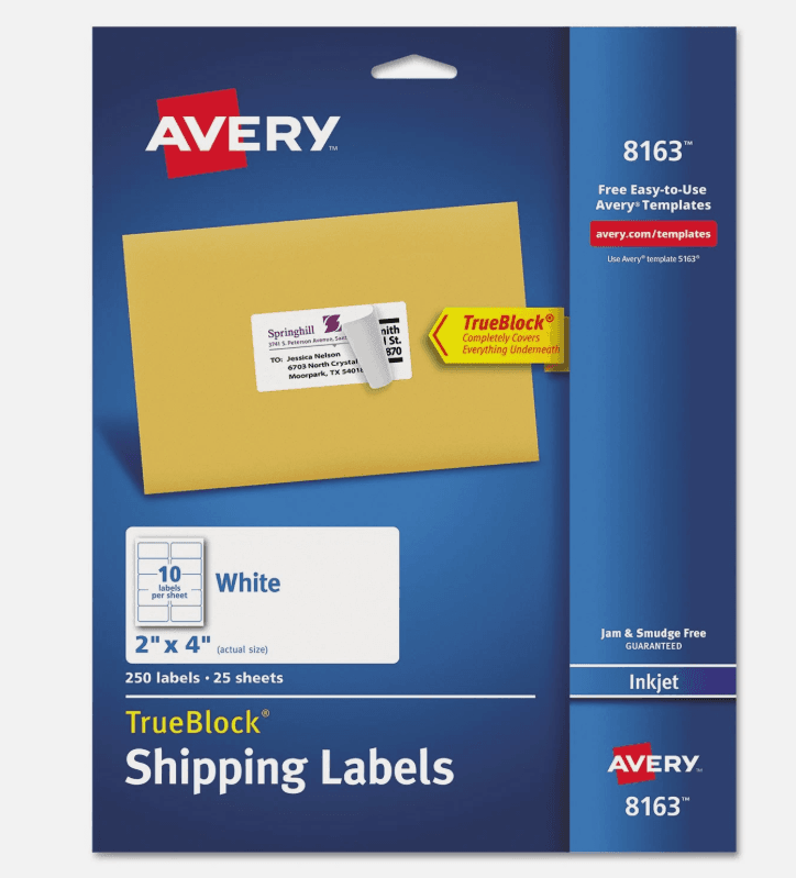 Avery Shipping Labels TrueBlock Technology Inkjet 2 x 4 White 250/Pack 8163 (S22