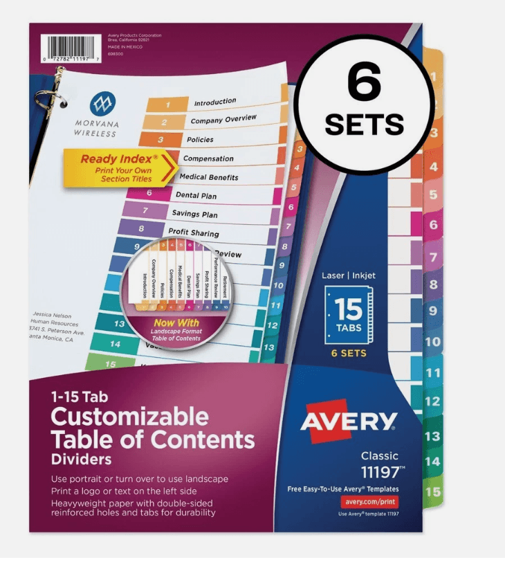 Avery 11197 11" x 8.5" 15-Tab 1-15 TOC Dividers Multi Tabs/White (6/PK) (S25K)