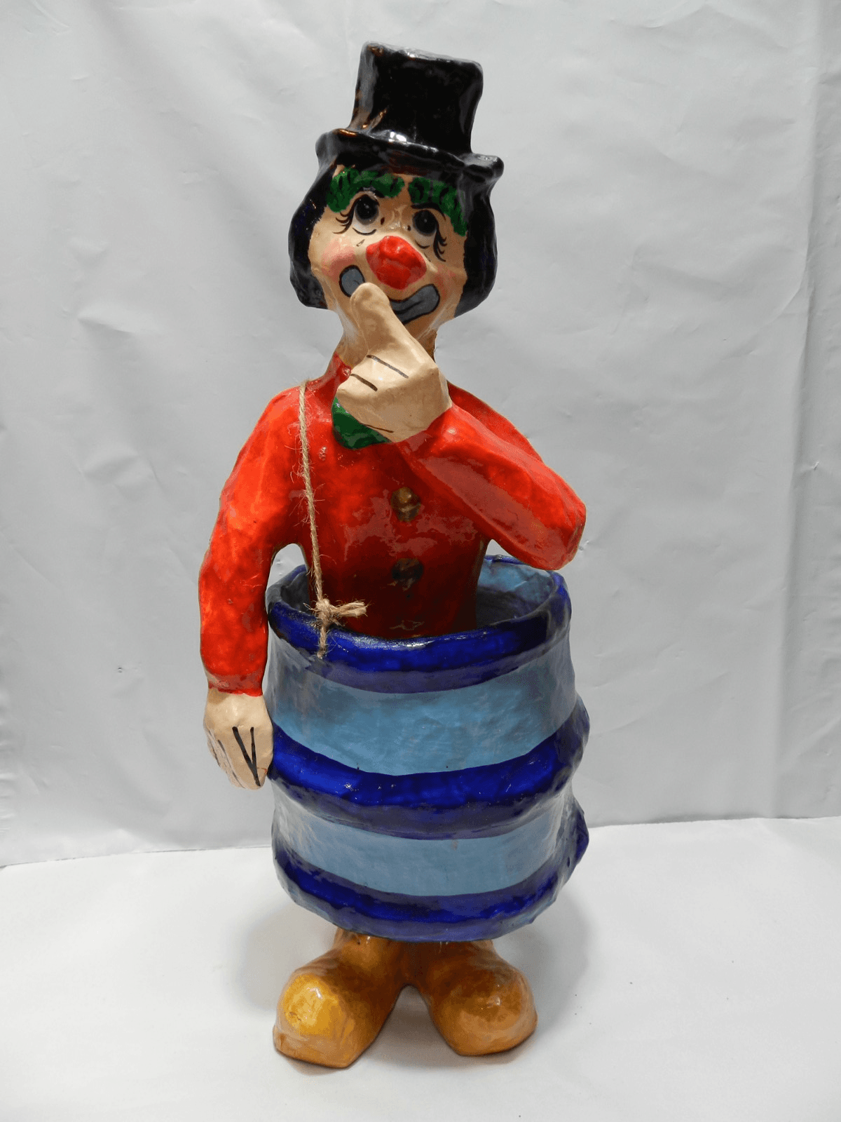 Paper Mache Circus/Rodeo Clown in Barrel Mexico Handmade 13.5" Z71S