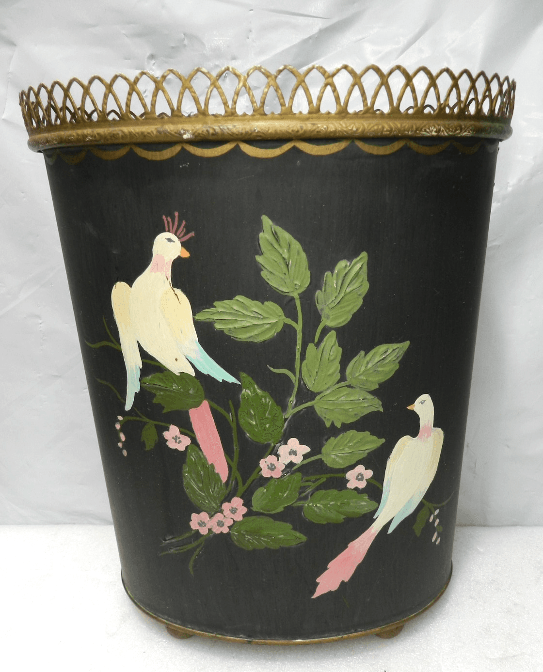 Vintage Ransburg Trashcan Wastebasket Metal Hand Painted Footed (H39J)