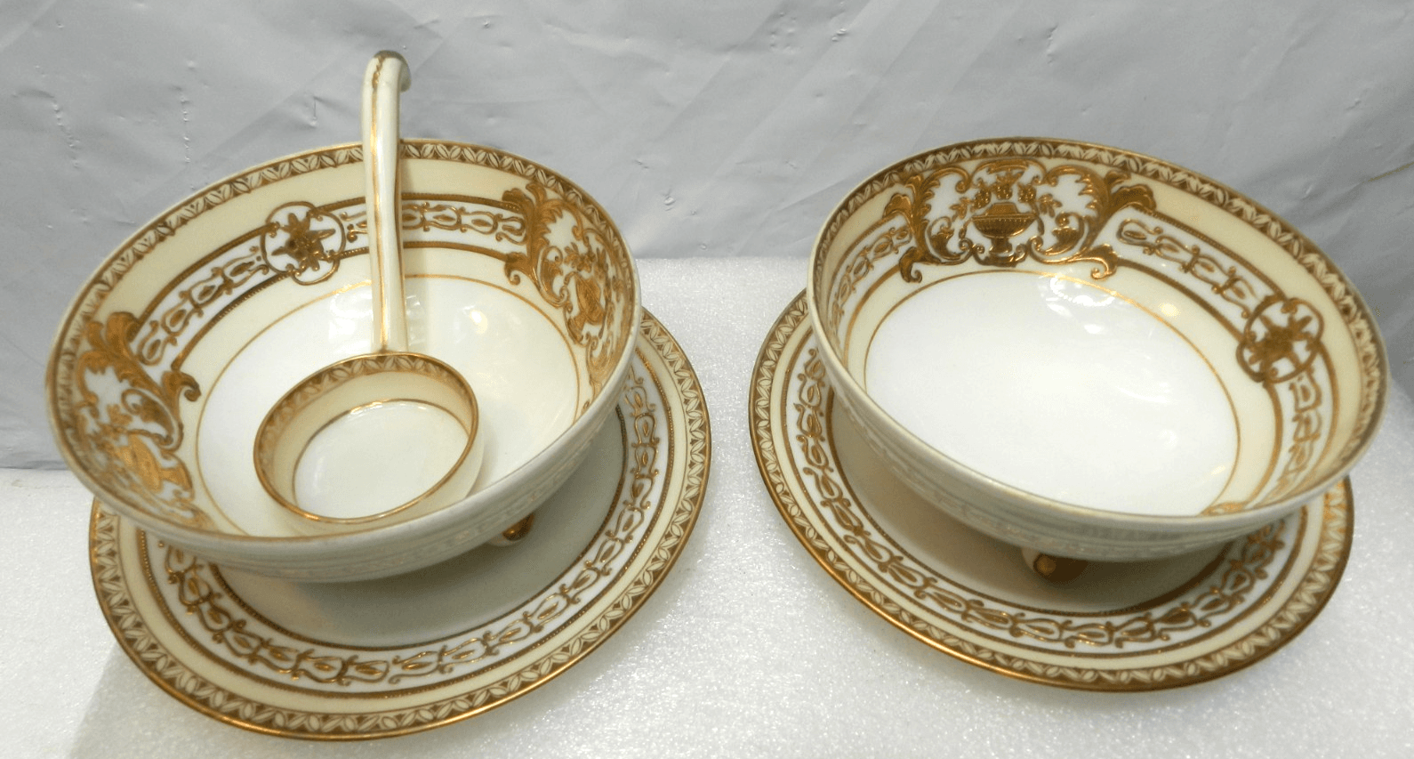 2 Nippon Hand Painted Gold Trim Footed Soup/Condiment Bowls/Plates Spoon (H38J)
