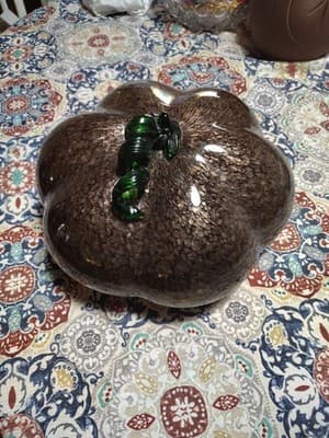 Hand Blown Art Glass Pumpkin Twist Stem Tortoise Green 11" Wide X 5.5" Tall