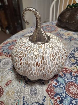 Mosaic Bead Pumpkin Decor White & Amber Fall Harvest Metal Stem