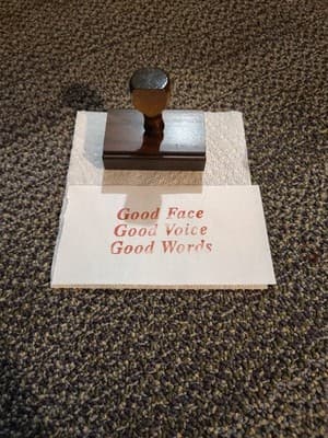 Vintage Personalized Wood Rubber Stamp "Good Face Good Voice Good Words"