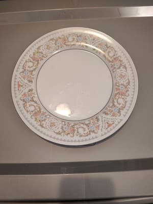 10.5" Dinner Plate HP Pink, Dusted Blue On Lace Porcelain China With Silver