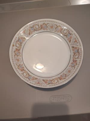 7.5" Soup Bowl HP Pink, Dusted Blue On Lace Porcelain China With Silver