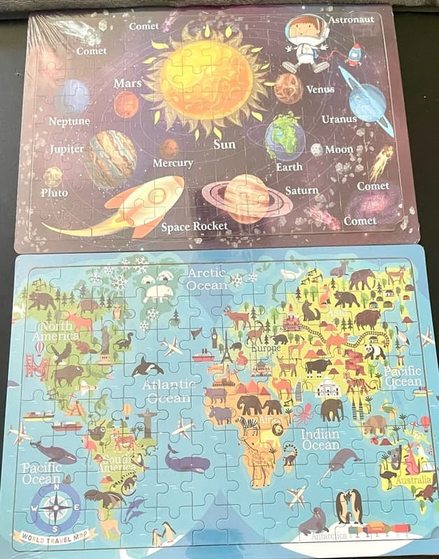 Set of 2 Wooden Jigsaw Puzzles World Map and Outer Space Solar System for Kids