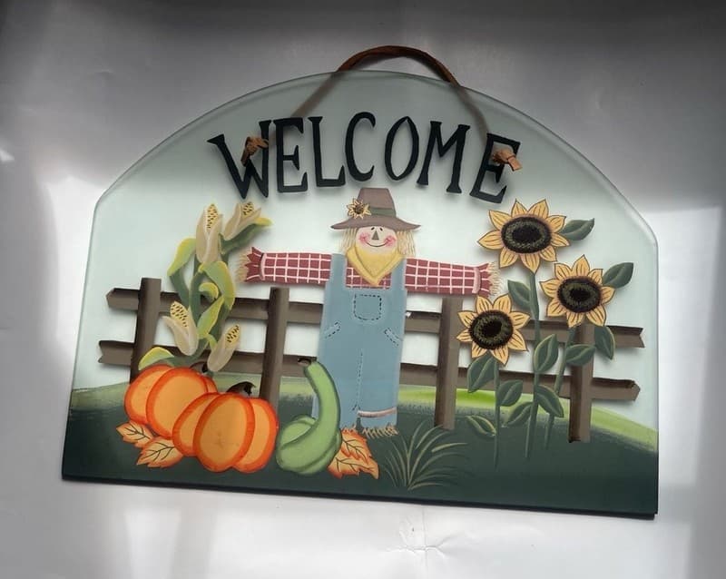 Vintage Fall Scarecrow Welcome Glass Wall Hanging Sign