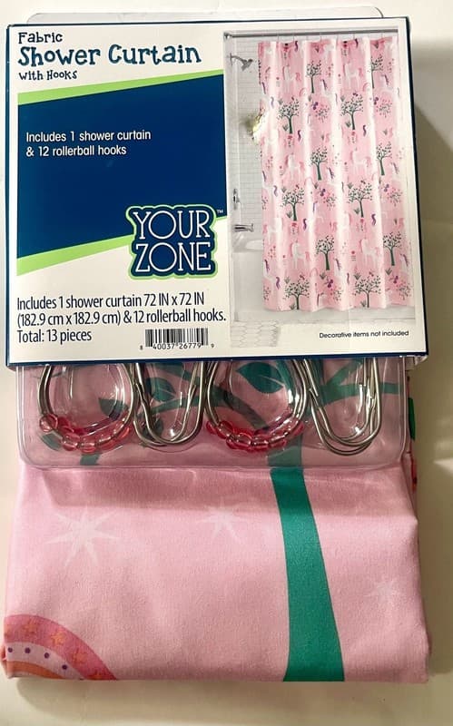 Your Zone Pink Starlight Unicorn Grove Fabric Shower Curtain with 12 Hooks