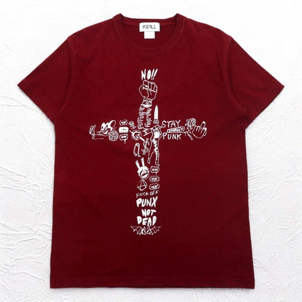 KIDILL Punk Cross Print T-Shirt - Burgundy Cotton