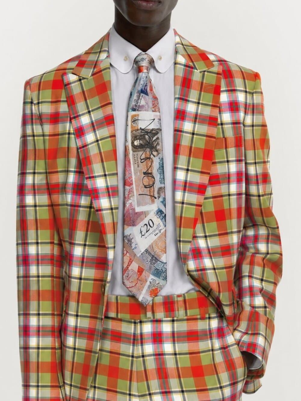 Vivienne Westwood silk tie featuring the iconic "Money" or "Currency" print.