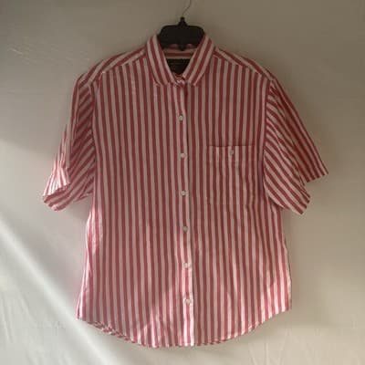 VTG Eddie Bauer Red Striped Short Sleeve Shirt Womens Med Preppy Quiet Luxury