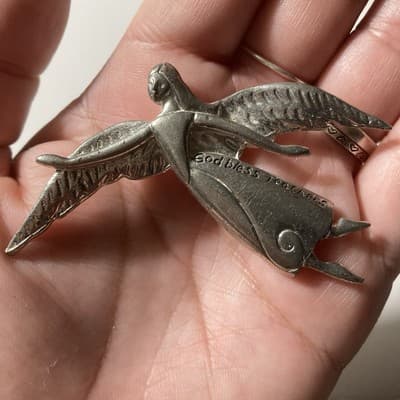 Vintage Guardian Angel GOD BLESS TEACHERS Brooch Pendant Silvertone Religious