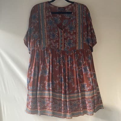 Angie Womens Boho Floral Baby Doll Dress Pockets Grunge Whimsy Cottage Small