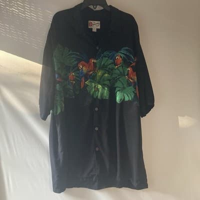 Vintage Hilo Hattie Hawaiian Original Short Sleeve Mens XL Black Parrot Tropical