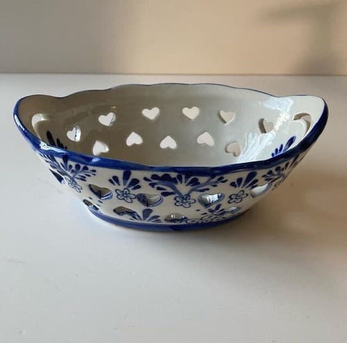 Vintage Blue & White Windmill Candy Nut Dishes Heart Cutouts Pierced 5” Dutch