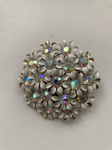 Vintage Mid Century Era Floral Enameled Brooch With Rhinestones