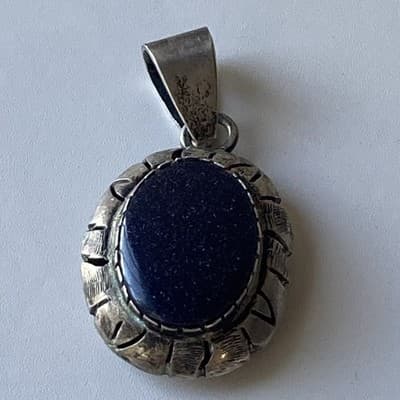 Vintage Sterling Silver 925 Blue Sunstone Pendant Mexico Made Chunky Modernist